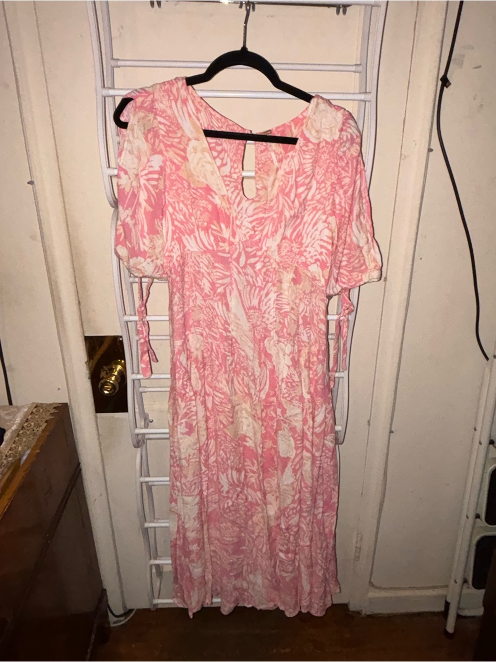 Free People Pink and Cream Floral Midi Dress Barbie Cottagecore Romantic